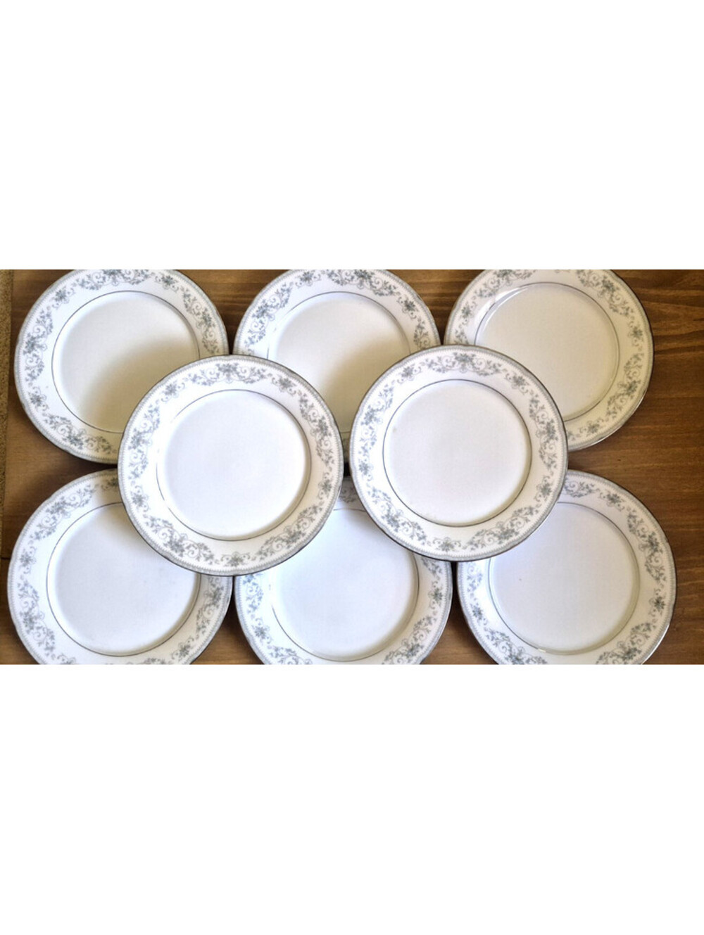 Set of 8 Noritake Colburn Blue floral w/ Silver trim 10.5" Dinner Plates ~ Japan